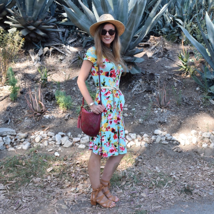 Stay Warm in Style Emma Floral Dress, Lucky Brand Lace Up Sandals, Lucky Brand Studded Burgundy Bag, Summer Hat, Polaroid Round Glasses (1)