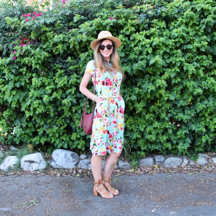 Stay Warm in Style Emma Floral Midi Dress, Lucky Brand Lace Up Sandals, Summer Panama Hat, Polaroid Round Glasses, Lucky Brand Studded Bag