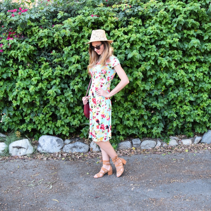 Stay Warm in Style Emma Floral Midi Dress, Lucky Brand Lace Up Sandals, Summer Panama Hat, Polaroid Round Glasses, Lucky Brand Studded Bugrundy Bag